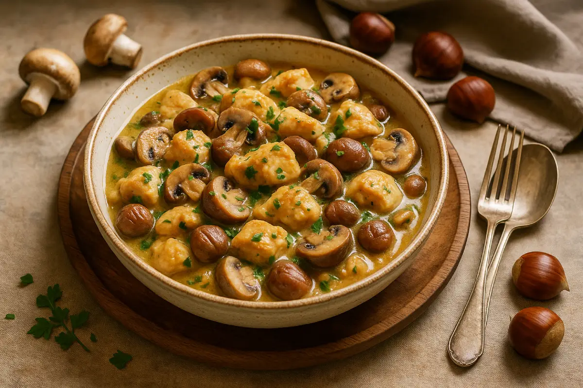 Spezzatino di pollo con funghi e castagne facile e leggero