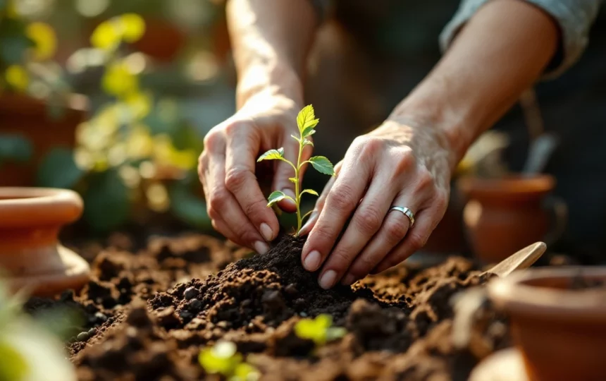 Coltivare erbe aromatiche in vaso durante l'estate: manutenzione e raccolta — hands planting seeds close-up garden tools soil