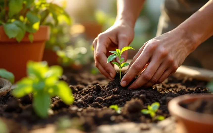Coltivare erbe aromatiche sul balcone a giugno: basilico, menta e prezzemolo con cure pratiche per l'estate — hands planting seeds close-up garden tools soil