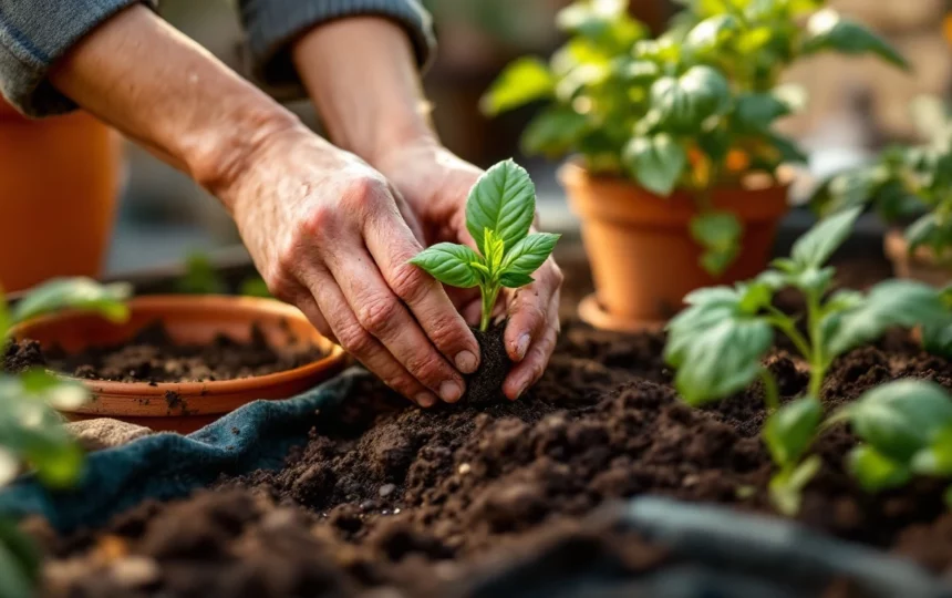 Coltivare ortaggi estivi in balcone: pomodori, zucchine e basilico da giugno a settembre — hands planting seeds close-up garden tools soil