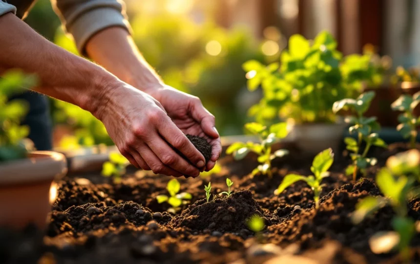 Creare un orto estivo in balcone e terrazza: scelta delle piante, irrigazione e manutenzione — hands planting seeds close-up garden tools soil