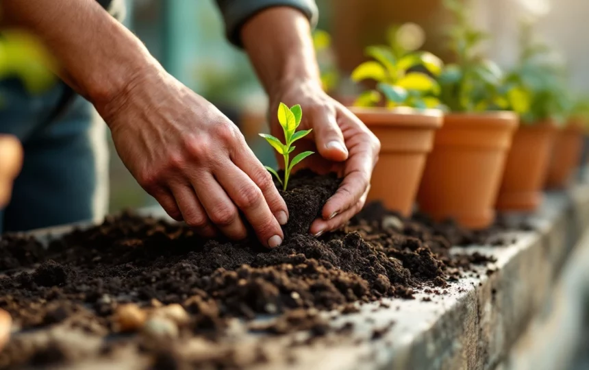 Creare un orto verticale in balcone per coltivare erbe aromatiche durante l'estate — hands planting seeds close-up garden tools soil