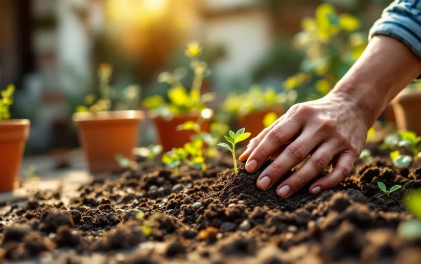 Mantenere l'orto in estate: irrigazione, pacciamatura e gestione del caldo per verdure e erbe — hands planting seeds close-up garden tools soil