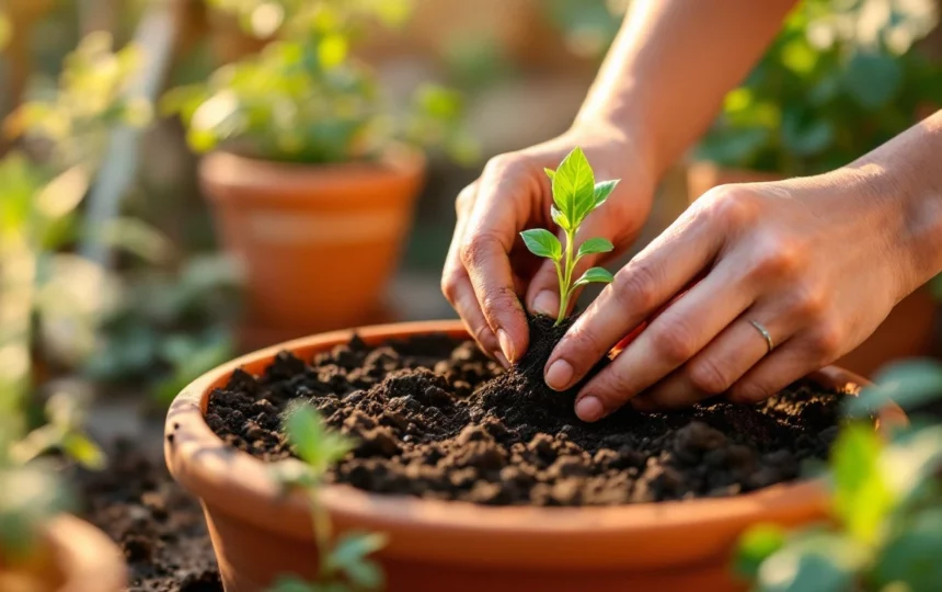 Orto estivo in balcone: coltivare basilico, pomodori e insalata con spazi ridotti — hands planting seeds close-up garden tools soil