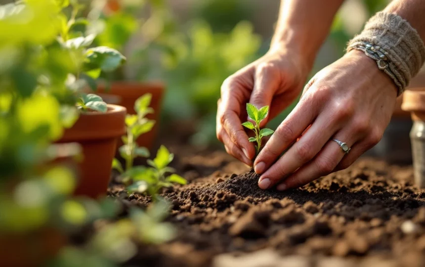 Orto estivo in balcone: coltivare erbe aromatiche e verdure in vasi durante l'estate — hands planting seeds close-up garden tools soil