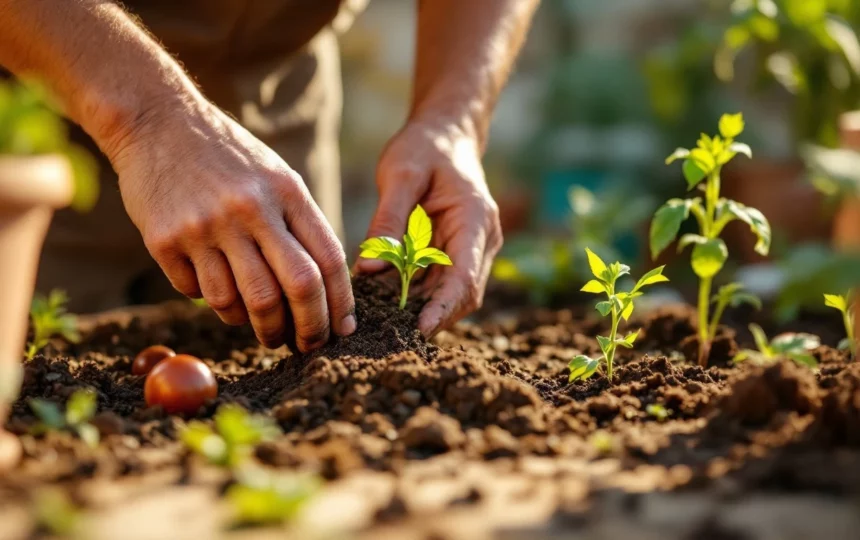 Orto estivo in balcone: coltivare pomodori, basilico e insalata con le giuste accortezze di giugno — hands planting seeds close-up garden tools soil