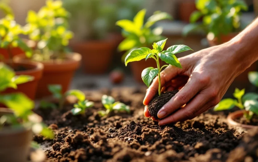 Orto estivo in balcone: coltivare pomodori e basilico con spazi ridotti — hands planting seeds close-up garden tools soil