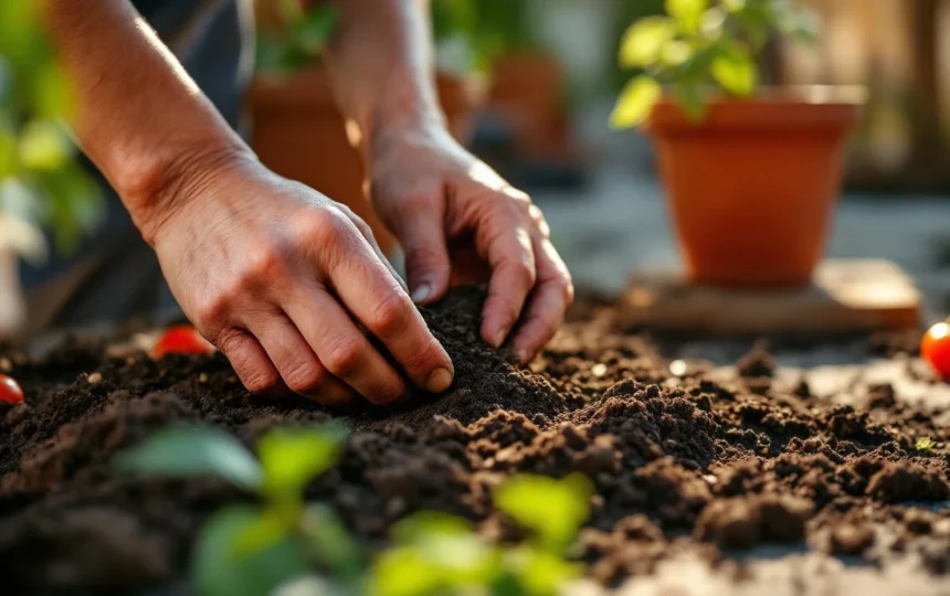 Orto estivo in balcone: coltivare pomodori e erbe aromatiche da giugno a settembre — hands planting seeds close-up garden tools soil