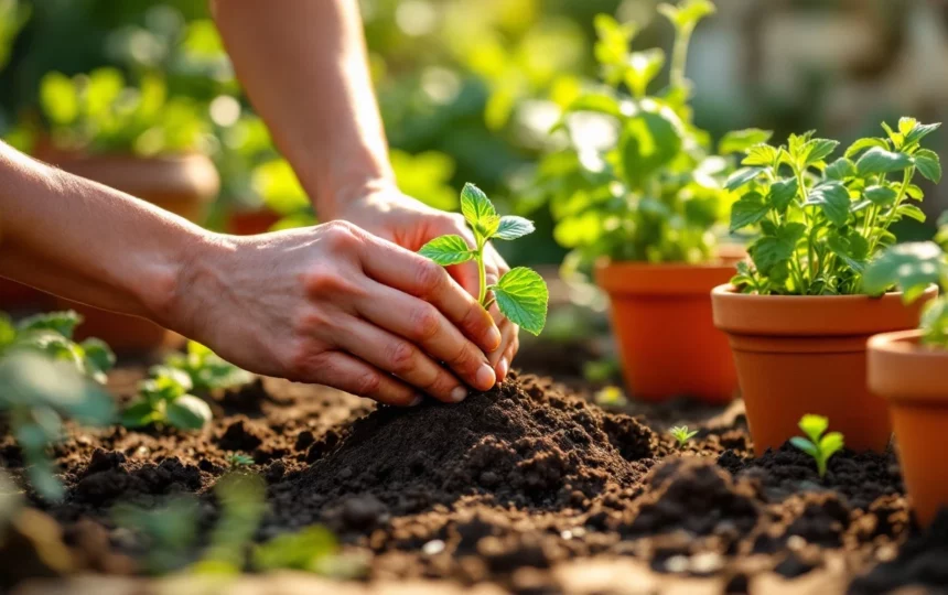 Orto estivo in balcone: coltivare verdure a crescita rapida con le temperature di giugno e luglio — hands planting seeds close-up garden tools soil