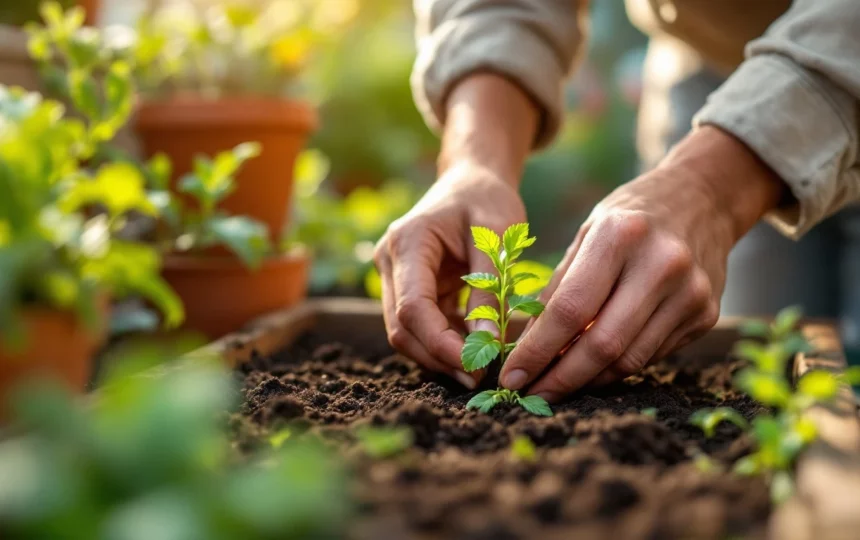 Orto estivo in balcone: coltivare verdure a foglia e erbe aromatiche con poco spazio — hands planting seeds close-up garden tools soil