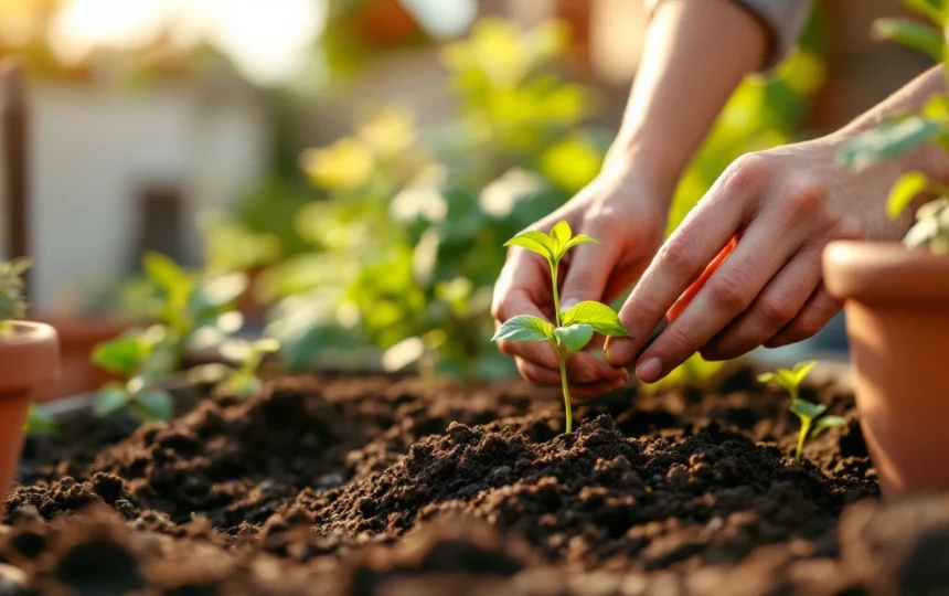Orto estivo in balcone: cosa seminare a fine giugno per il raccolto di luglio — hands planting seeds close-up garden tools soil