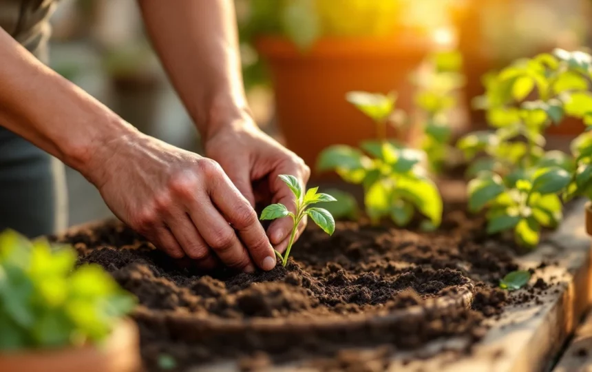 Orto in balcone a giugno: come coltivare pomodori, basilico e zucchine in vaso durante l'estate — hands planting seeds close-up garden tools soil