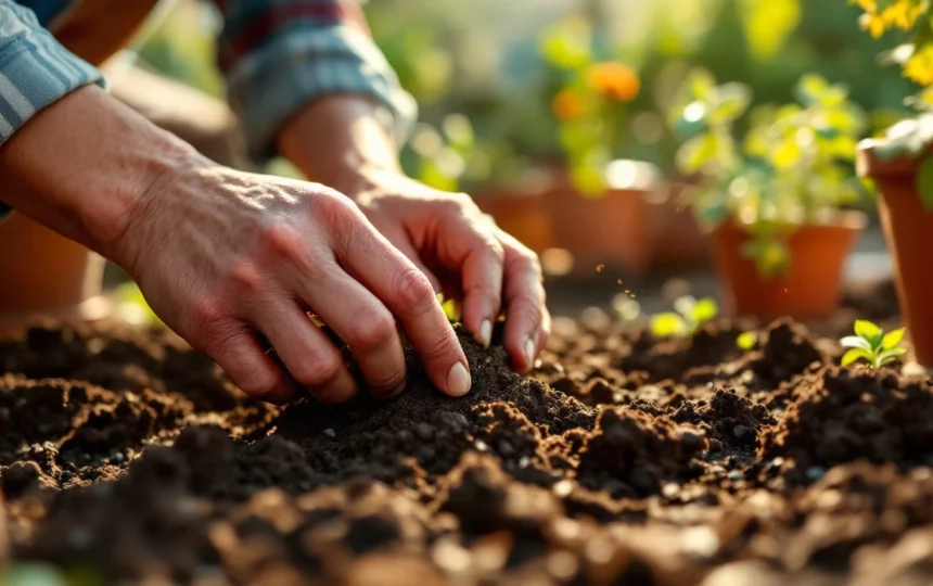 Proteggere le piante da balcone e terrazzo dal caldo estivo: tecniche di ombreggiamento e irrigazione — hands planting seeds close-up garden tools soil
