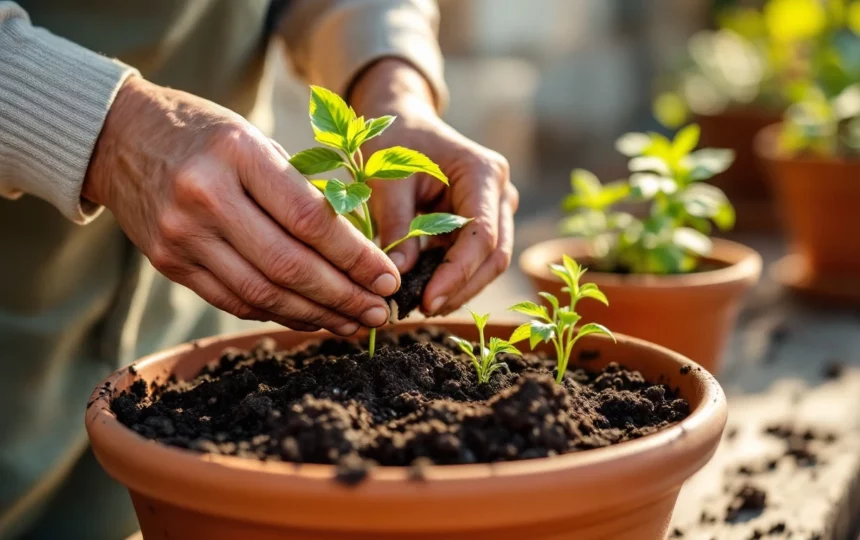 Coltivare erbe aromatiche in vaso sul balcone: basilico, prezzemolo e menta da raccogliere per l'estate — hands planting seeds close-up garden tools soil