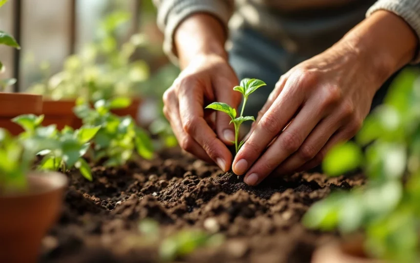 Coltivare erbe aromatiche sul balcone estivo: basilico, menta e origano a portata di mano — hands planting seeds close-up garden tools soil
