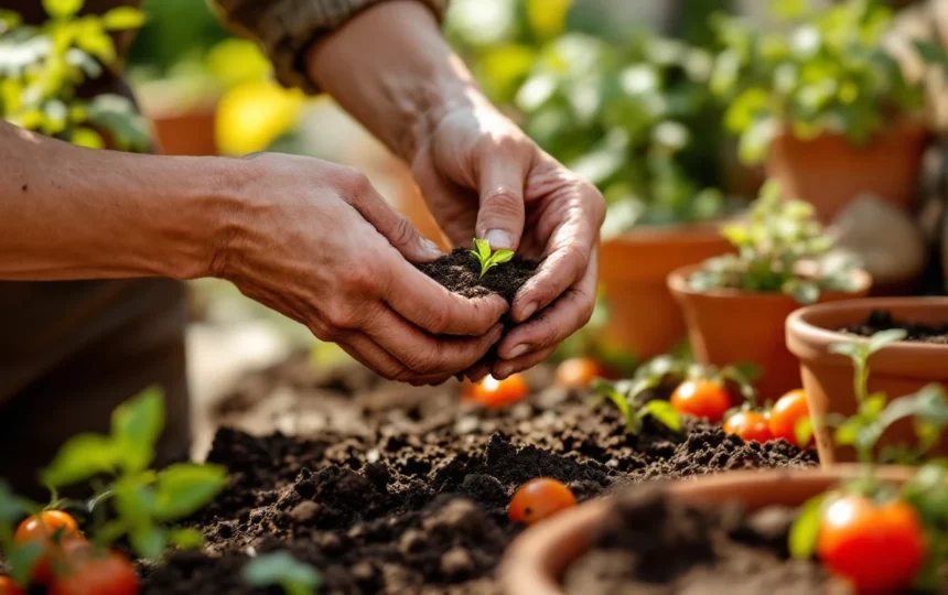 Coltivare pomodori in vaso sul balcone durante l'estate: esigenze di spazio, acqua e luce — hands planting seeds close-up garden tools soil