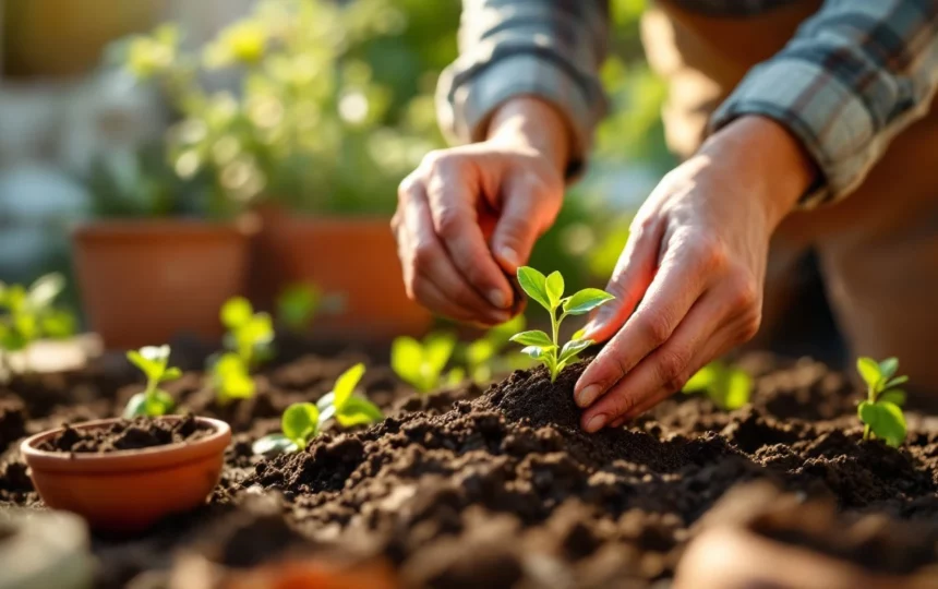 Coltivare un orto in balcone durante l'estate: gestione dell'acqua e protezione dal sole intenso — hands planting seeds close-up garden tools soil