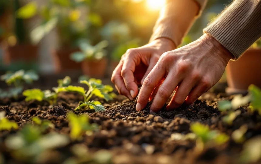 Conserve di zucchine: metodi classici — hands planting seeds close-up garden tools soil