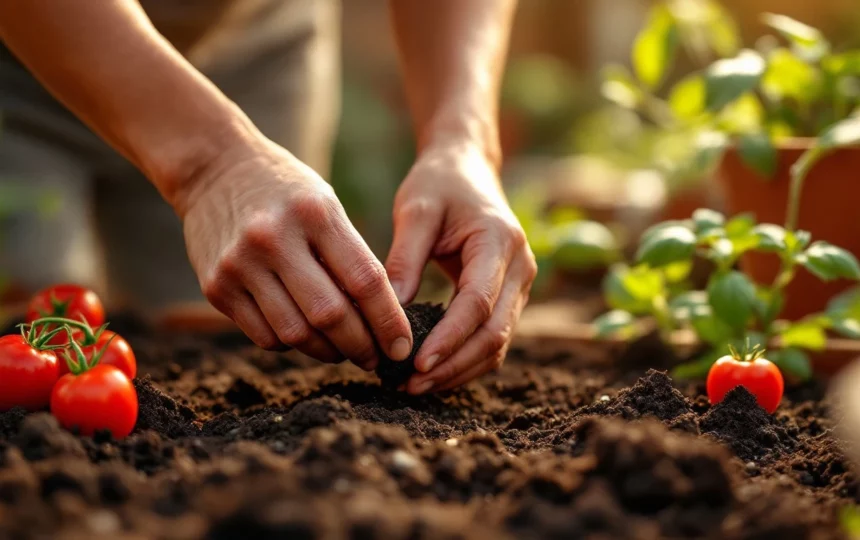 Creare un orto in balcone con pomodori, basilico e peperoni: spazi ridotti e resa effettiva — hands planting seeds close-up garden tools soil