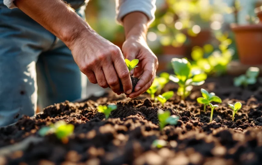 Creare zone d'ombra in giardino durante l'estate: soluzioni pratiche e materiali resistenti — hands planting seeds close-up garden tools soil