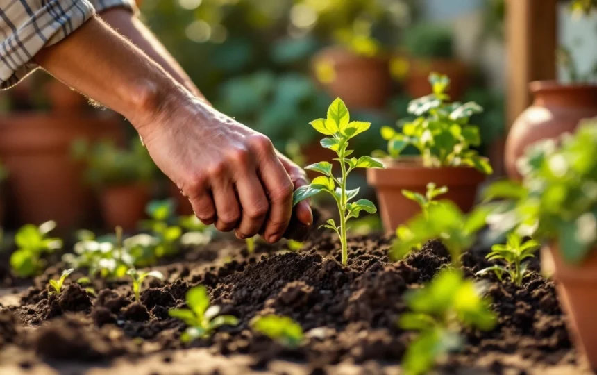 Orto balcone estivo: coltivare erbe aromatiche e verdure a ciclo veloce da luglio a settembre — hands planting seeds close-up garden tools soil