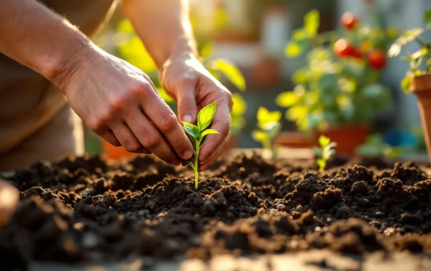 Orto estivo in balcone: coltivare basilico, pomodorini e peperoncini in vasi durante luglio e agosto — hands planting seeds close-up garden tools soil