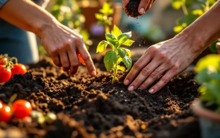 Orto estivo in balcone: coltivare pomodori e basilico con le giuste accortezze idriche — hands planting seeds close-up garden tools soil