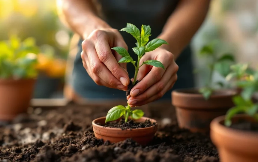 Orto estivo in balcone: come coltivare basilico, pomodori e peperoni in vasi durante luglio e agosto — hands planting seeds close-up garden tools soil