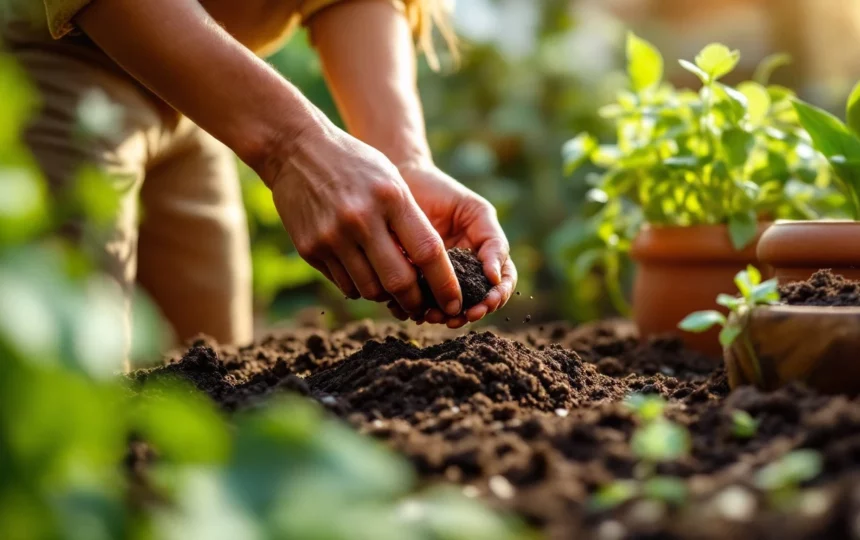 Orto estivo in piccoli spazi: coltivare verdure e erbe aromatiche in vaso durante i mesi caldi — hands planting seeds close-up garden tools soil
