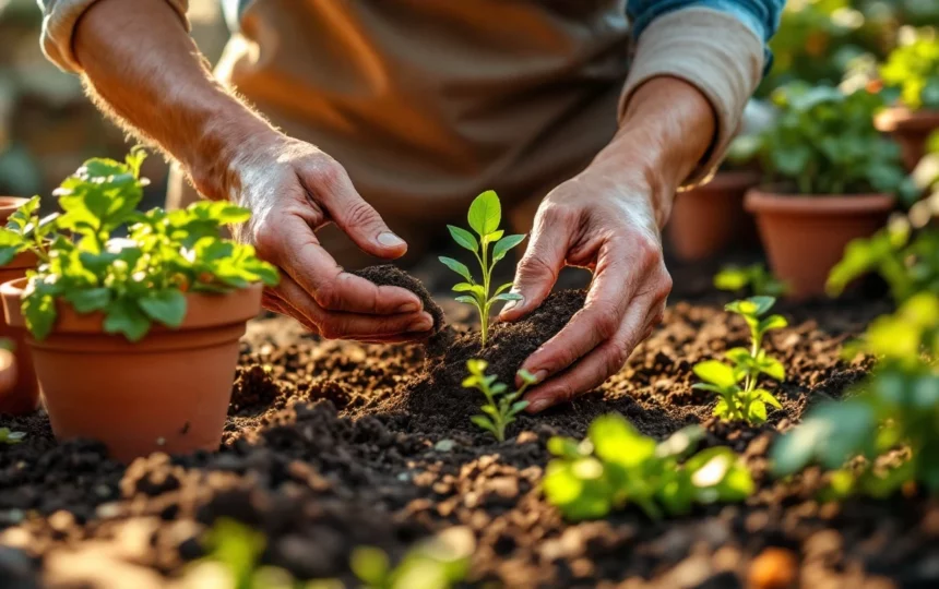 Orto in balcone a luglio: coltivazione di erbe aromatiche e verdure a ciclo breve per l'estate — hands planting seeds close-up garden tools soil