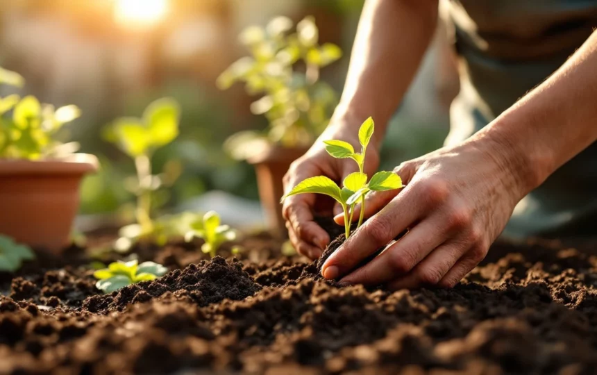 Proteggere l'orto e il giardino dal caldo estremo: tecniche di irrigazione e ombreggiatura per luglio e agosto — hands planting seeds close-up garden tools soil