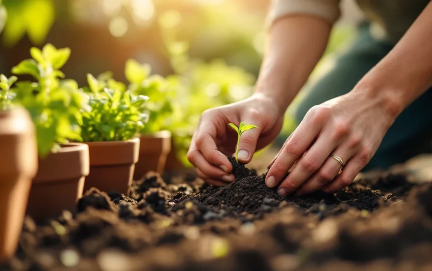 Proteggere le piante dal caldo intenso: tecniche di irrigazione e ombreggiamento per l'estate — hands planting seeds close-up garden tools soil