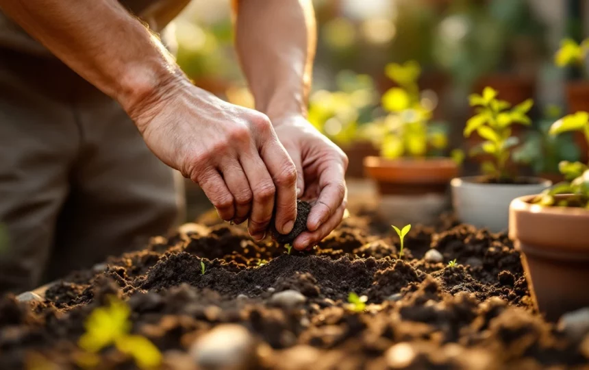 Proteggere le piante dal caldo torrido: tecniche di irrigazione e ombreggiatura per l'orto estivo — hands planting seeds close-up garden tools soil